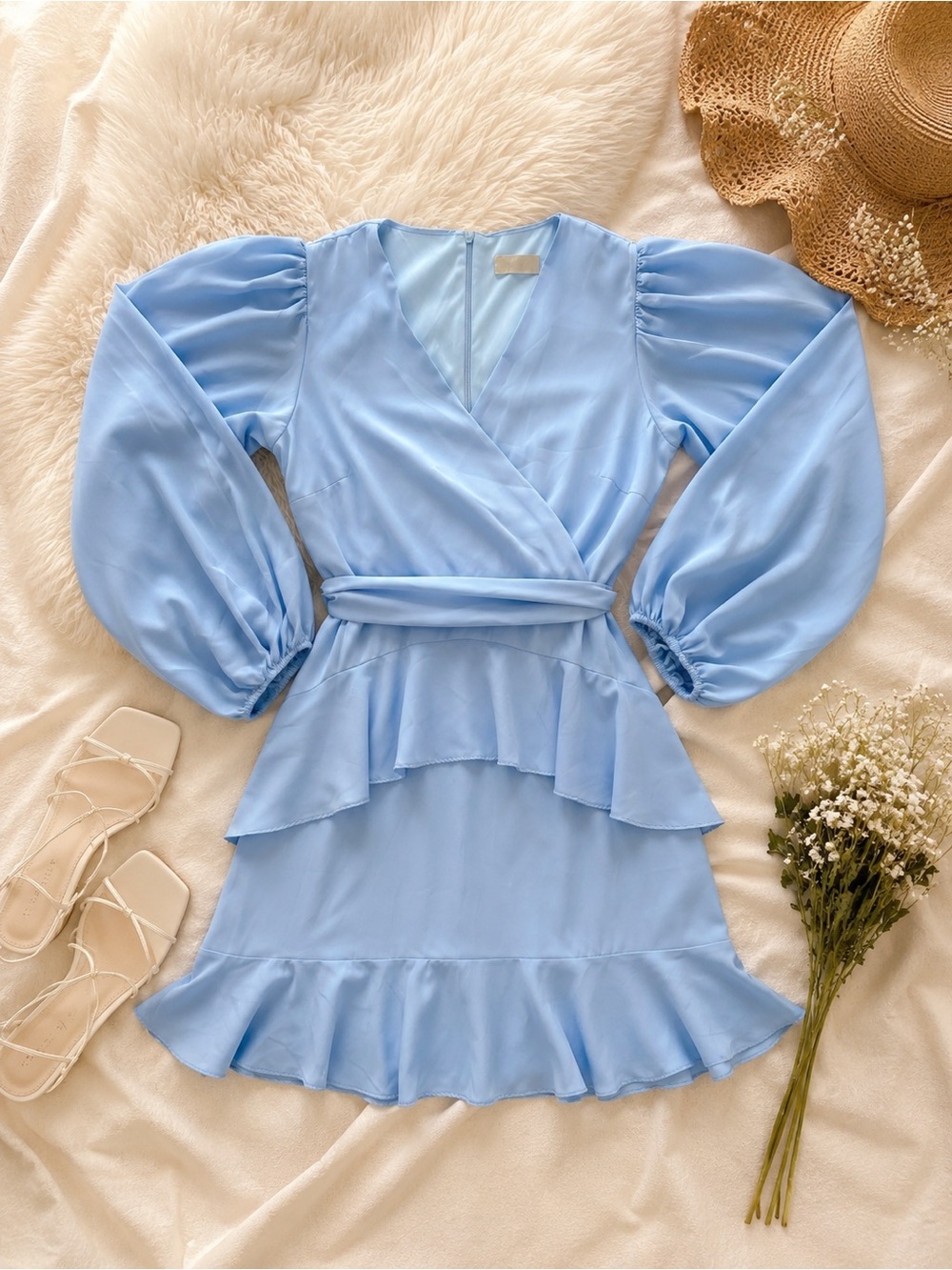 Altar’d State Powder Blue Long Sleeve Mini Dress Cottage Core Wedding Guest